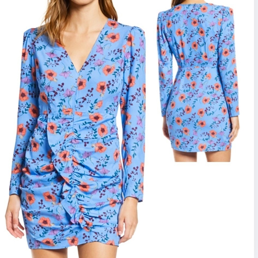 ASTR the Label Vibrant Blue Floral Ruched V-Neck Long Sleeve Mini Dress Womens M